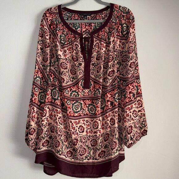 Signature Studio Blouse Womens Plus 3X Long Sleeve Bohemian Floral Beige Red - Picture 1 of 8
